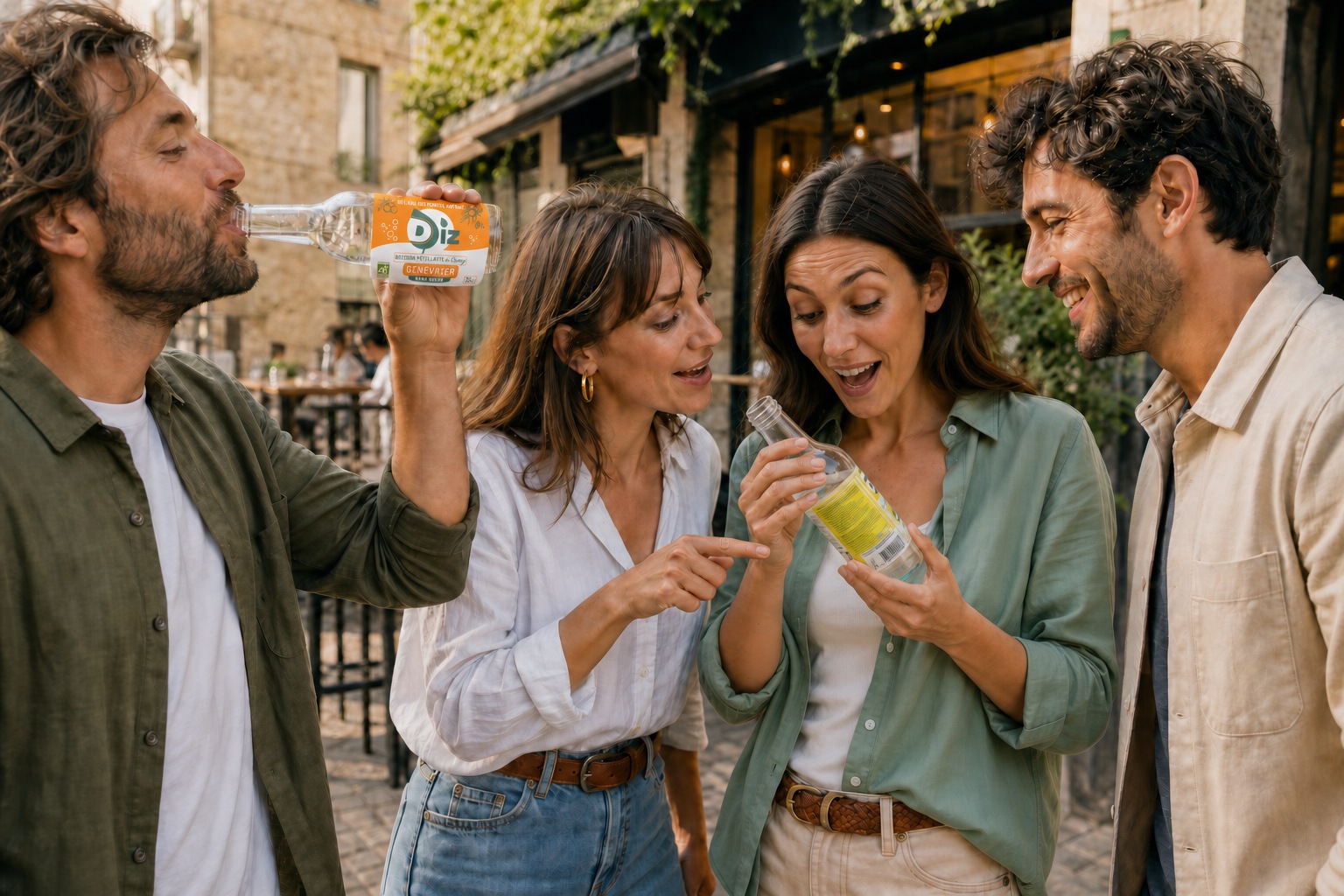 Des amis partagent et découvrent des bouteilles DIZ en terrasse