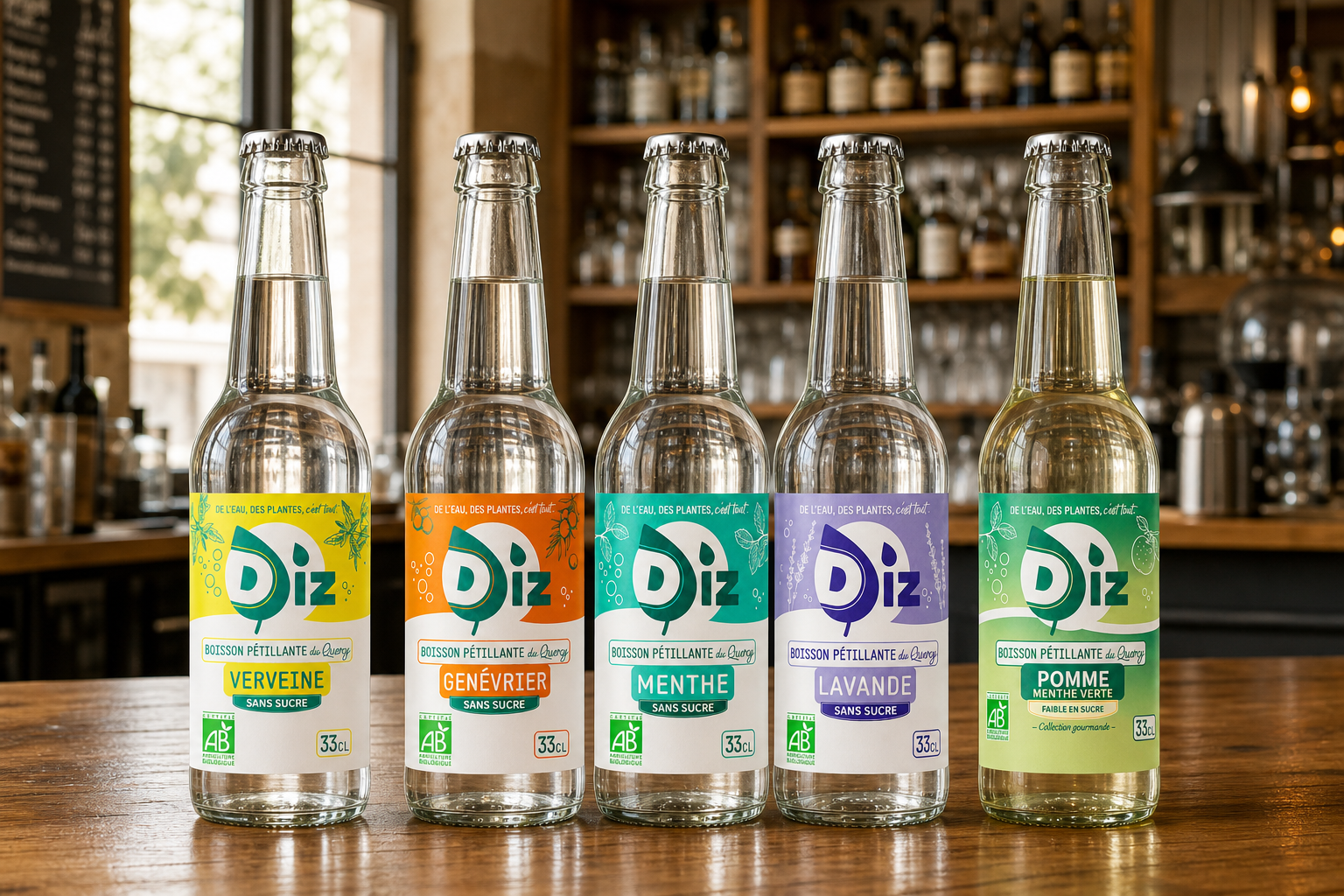 La gamme complète des cinq bouteilles DIZ