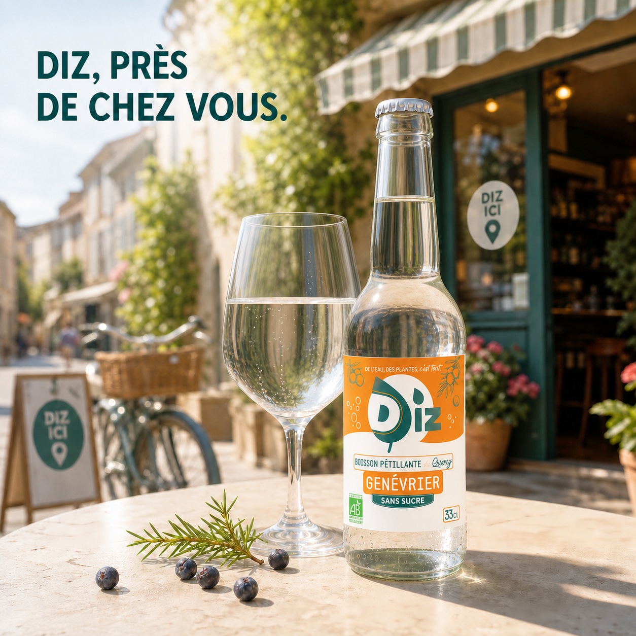 Une bouteille DIZ sur une terrasse estivale, près d’un repère de localisation