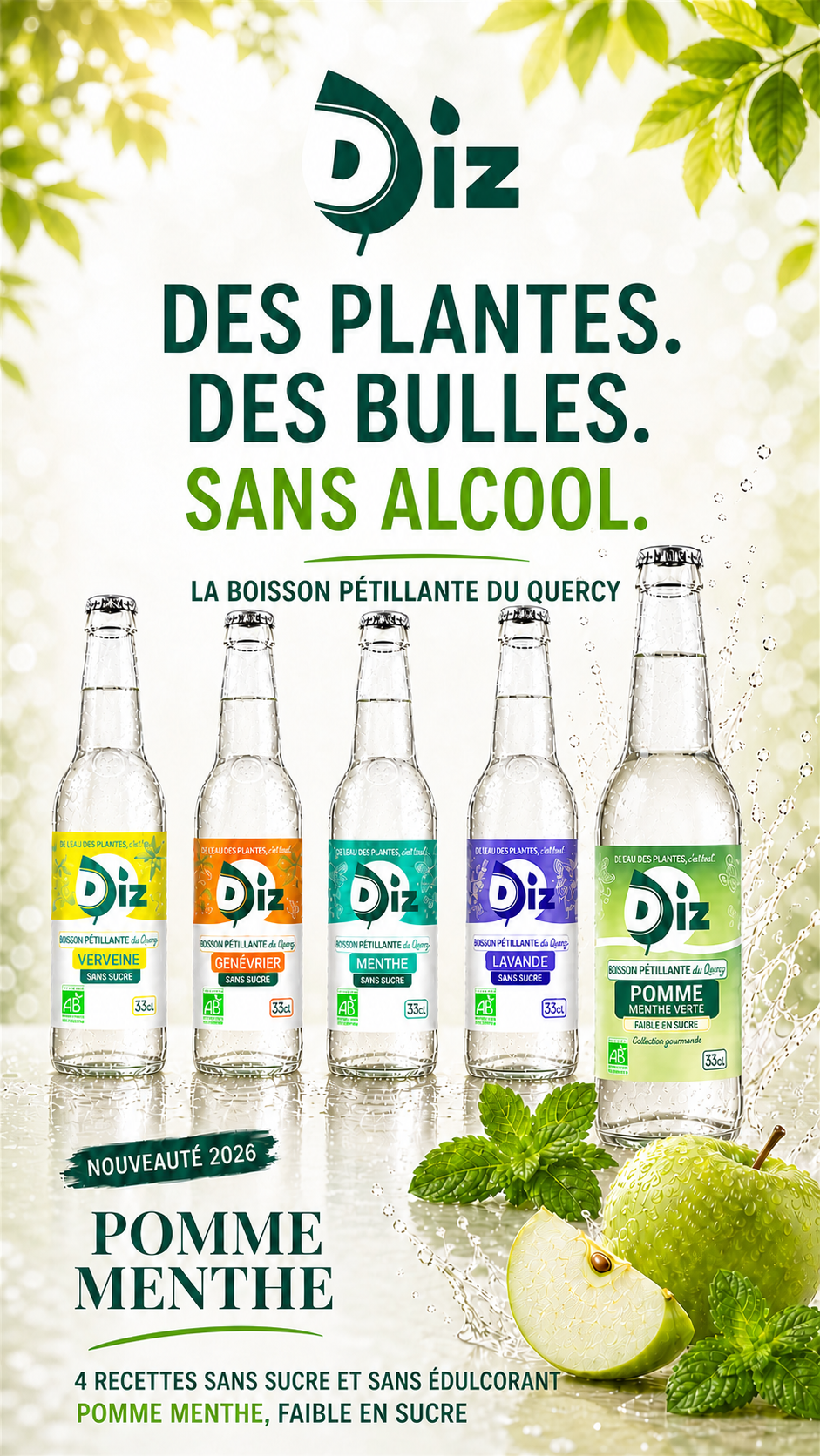 Boisson pétillante du Quercy - naturellement SANS SUCRE - DE L'EAU, DES PLANTES, c'est tout. - DIZ - BIO